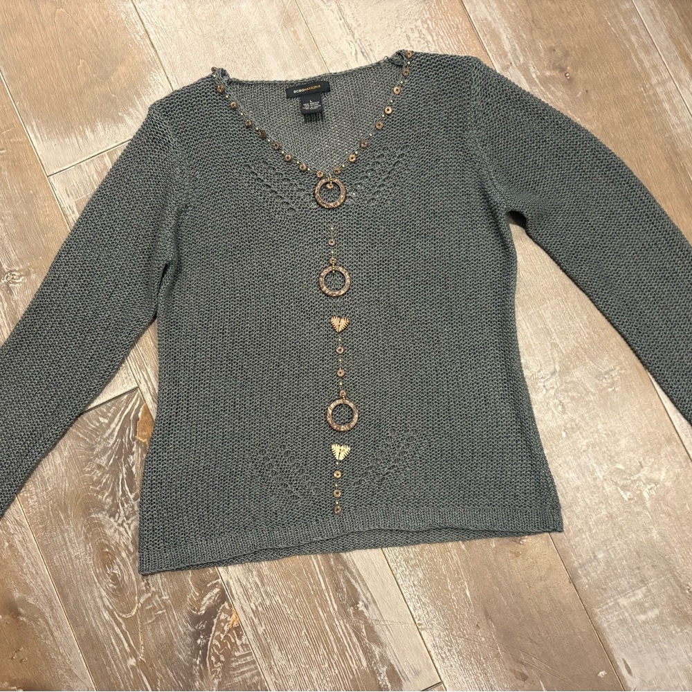 BCBGMaxAzria Olive Gray V-Neck Sweater with Gold  Bead and Wooden Accents